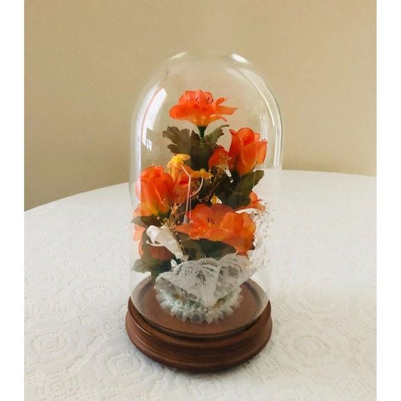 Vtg Silk Orange Roses Lace Ribbon Footed Wooden Glass Dome Conche 12" - Picture 4 of 6
